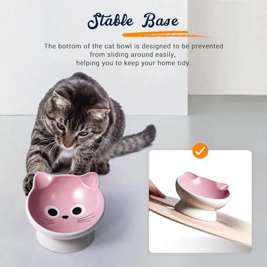 【New Arrival】Cute Cat Face Elevated Ceramic Cat Bowl, Tilted Pink Feeder with Raised Stand, Anti-Vomiting for Cats & Small Dogs