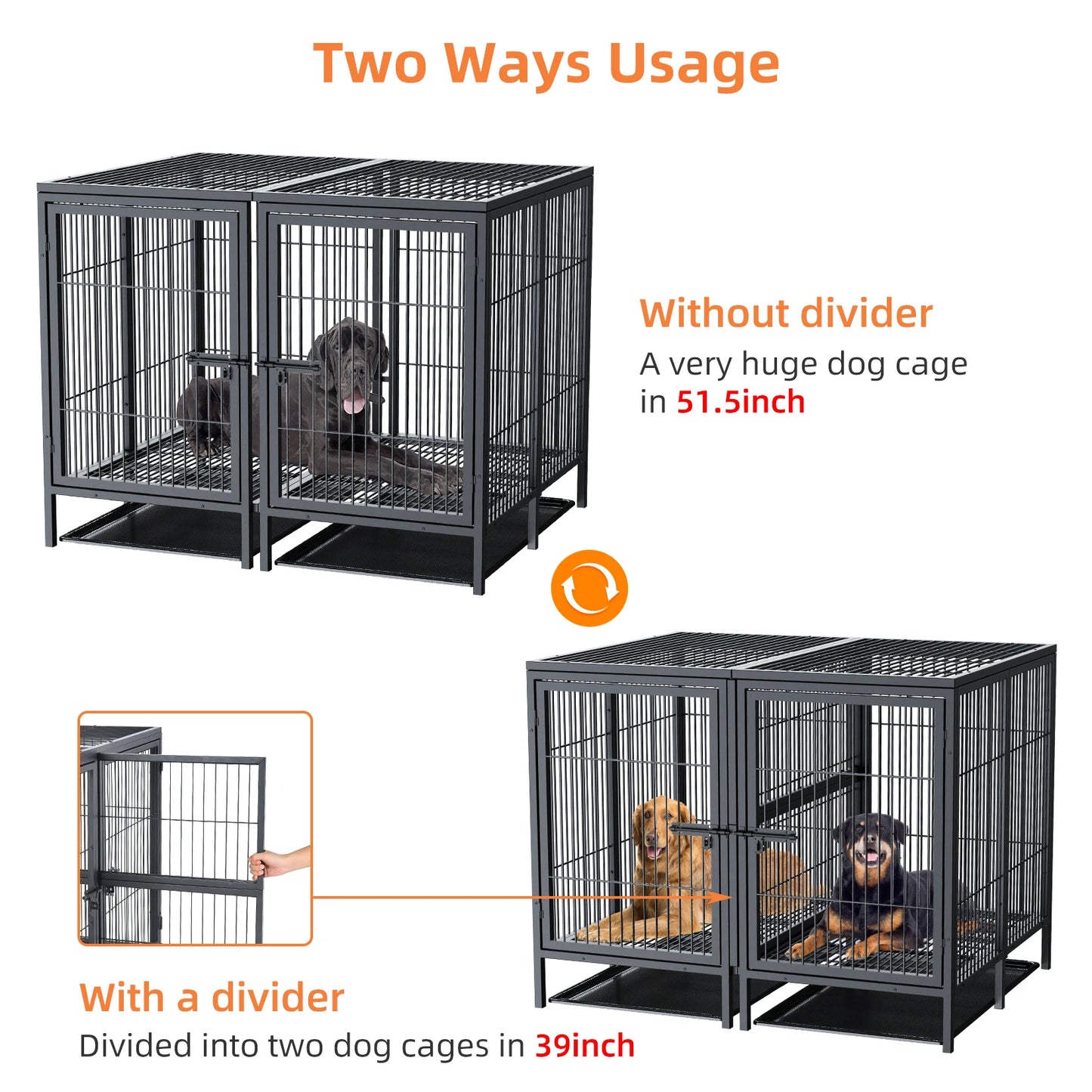 Heavy Duty Dog Crate: 52Inch Extra Large Pet Raised Metal Cage with Removable Divider - Doggy Kennel Training Playpen House