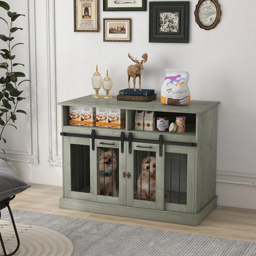 Dog Crate Furniture for Large Dogs or Double Dog Kennel for Small Dogs with Shelves, Sliding Doors, 47" x 23.5" x 35", Gray