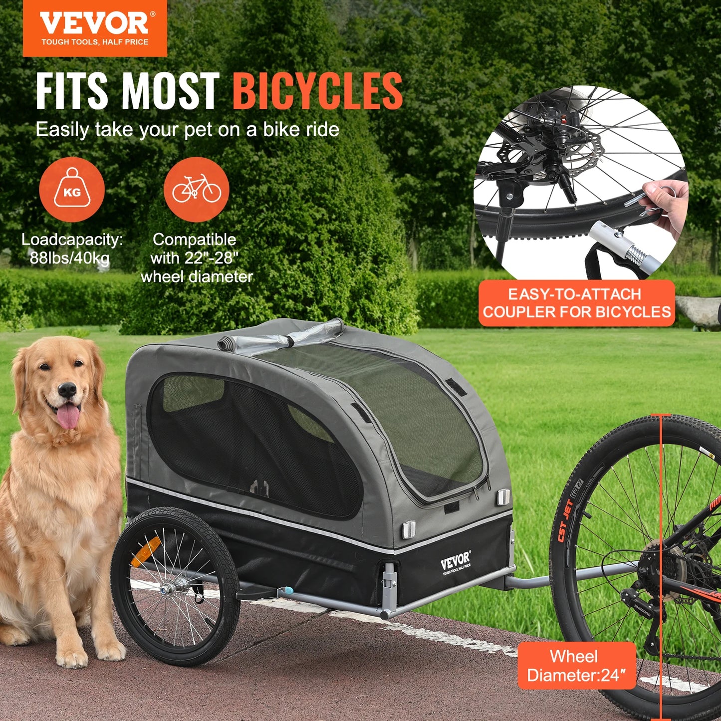 SucceBuy 88 lbs Dog Bike Trailer Pet Cart Bicycle Carrier with Wheels, Coupler, Reflectors, Flag, Collapsible to Store for Dogs