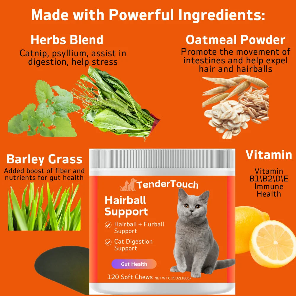 240 Chews - 2 Pack (2 x 180g/6.35oz) 360g/12.7oz - TenderTouch Cat Hairball Support Chews - Hairball Supoort Cat Treats