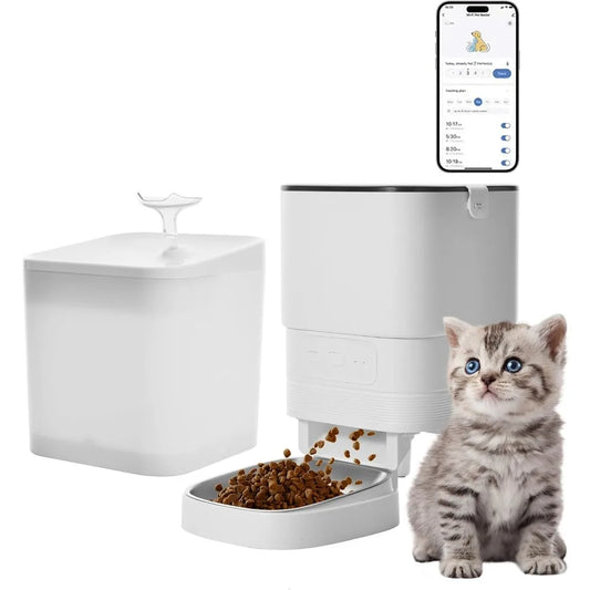 Automatic cat Feeder and Water Fountain,4L WiFi Dry Auto Pet Food and 2.2L Water Dispenser Set,Small Timed Self Feed Smart APP F