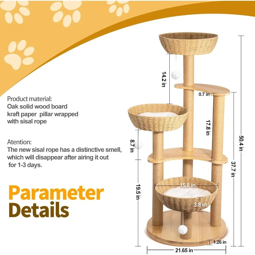 Modern Cats Tree Tower, Oak Wood Cat Tree for Large Cats with 3 Weaving Cat Nests, Multi-Level Cat Condo with 8 Scratching Posts