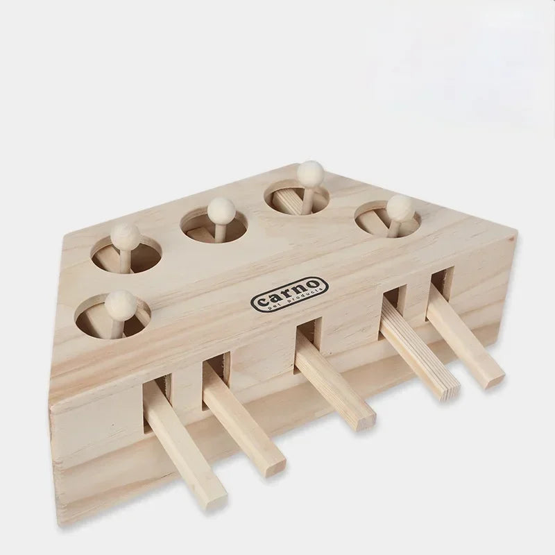 Cat Hunt Toy Chase Mouse Solid Wooden Interactive Maze Pet Hit Hamster with 3/5-holed Mouse Hole Catch Bite Catnip Funny Toy