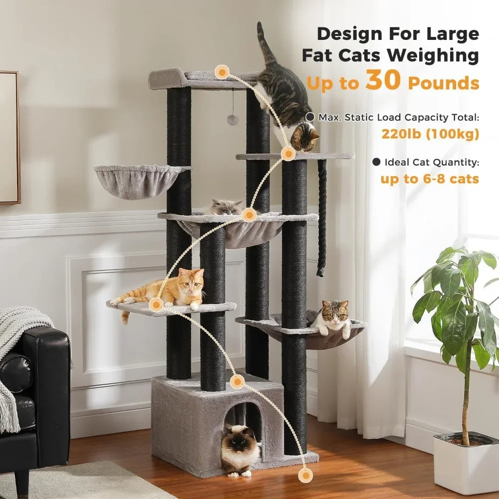 67" Large Cat Tree - Extra Tall Tower for Adult Cats with 13 Thick Scratching Posts & Multi-Level Condo