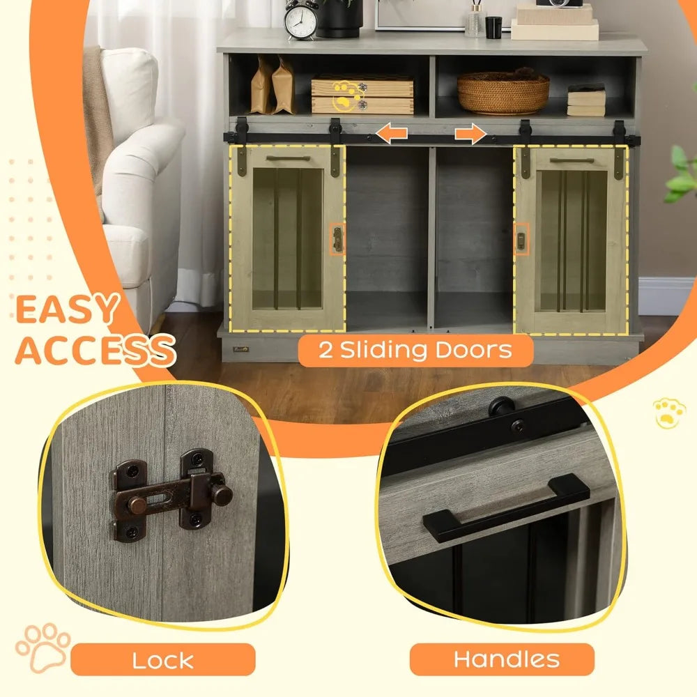 Dog Crate Furniture for Large Dogs or Double Dog Kennel for Small Dogs with Shelves, Sliding Doors, 47" x 23.5" x 35", Gray