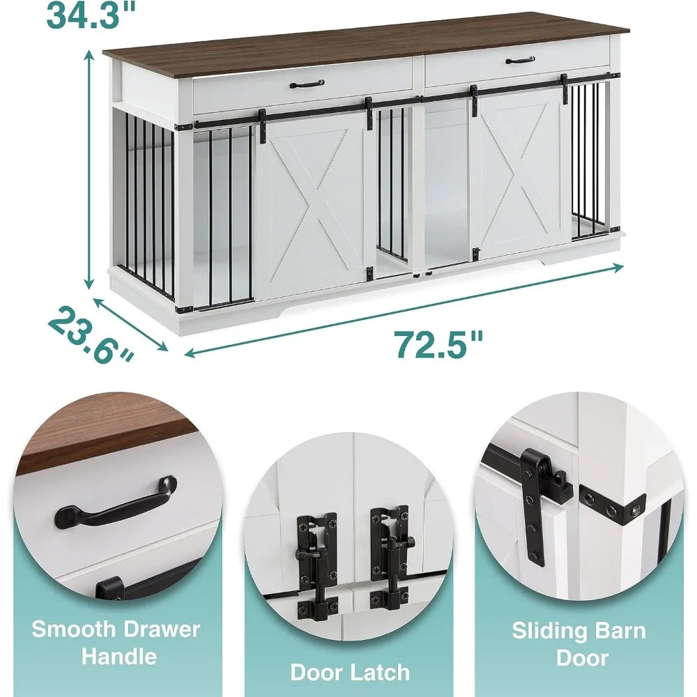 72.5" Large Dog Crate Furniture for 2 Dogs, Wooden Dog Kennel with Drawers, Divider, Sliding Barn Door, Water Resistant Indoor