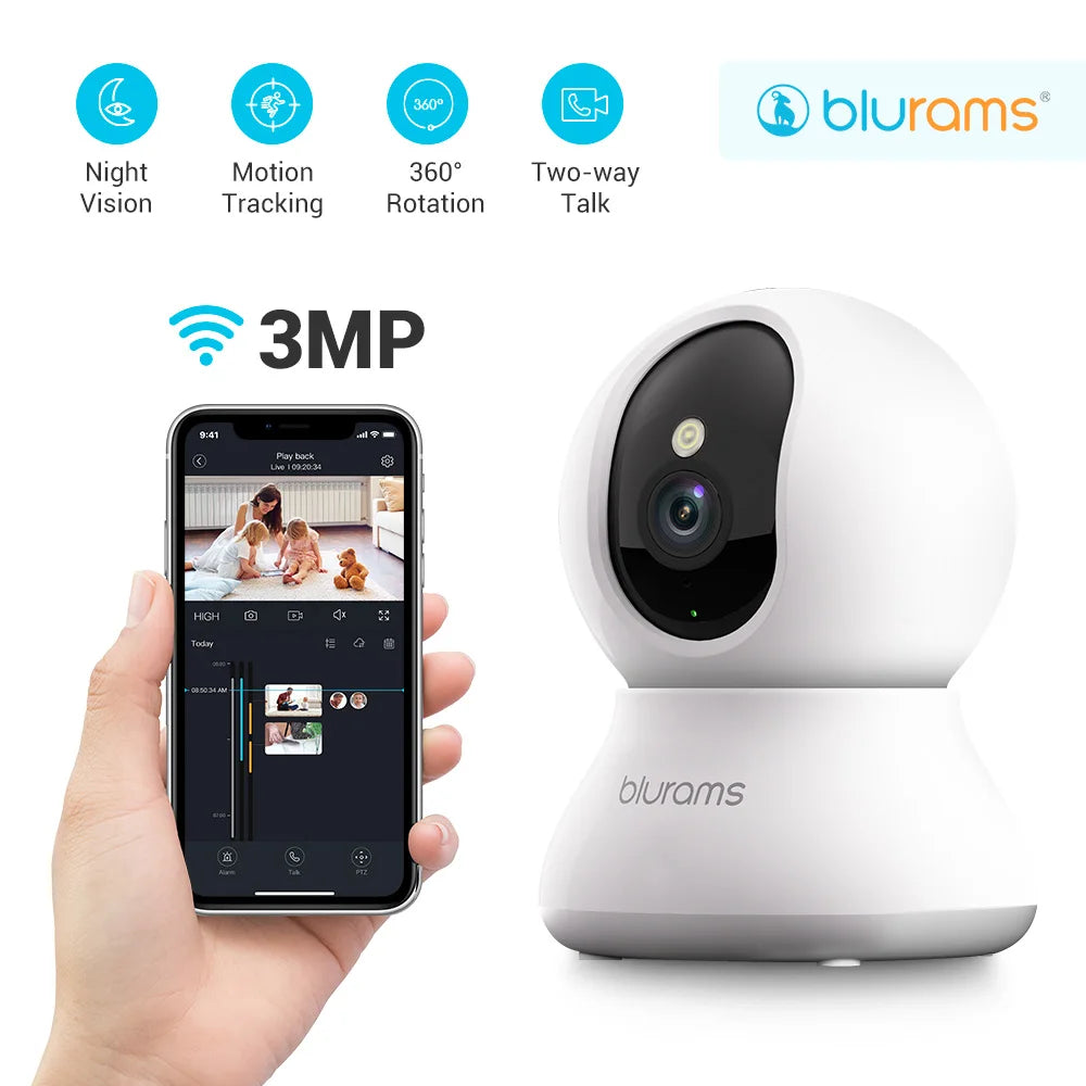 Blurams 2.4&5G WiFi Indoor Camera, 2K, 360° PTZ Pet Dog IP CCTV Camera with Phone App, 2-Way Talk, Night Vision, for Home Securi