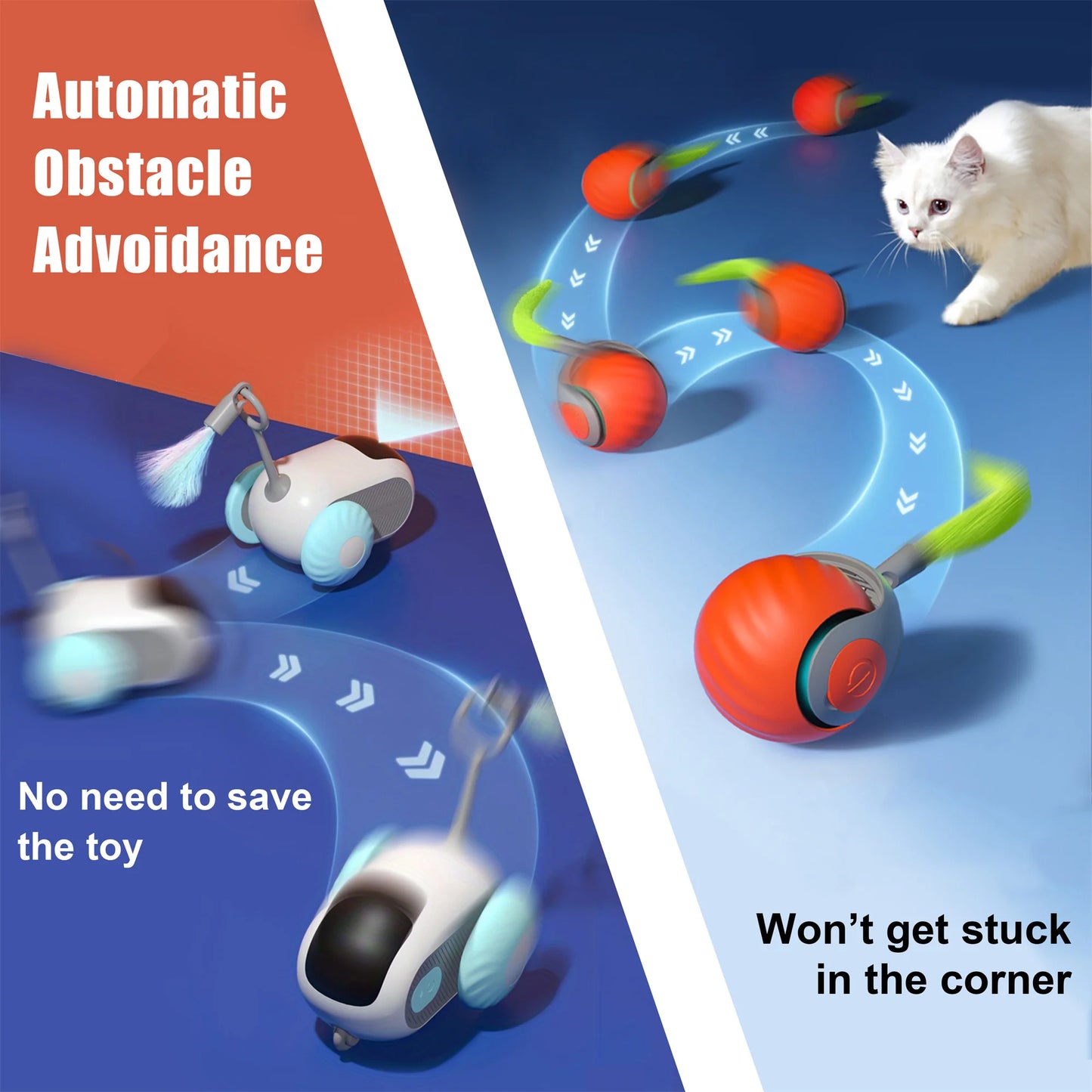 1pc Interactive Automatic Remote Control Cat Mice Car Toy and 1pc Smart Electric Moving Speedy Cat Ball Toy with Feather Tail