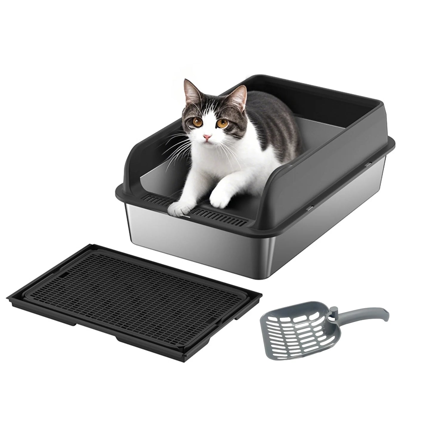 Stainless Steel Cat Litter Box, Litter Box With High Sided For Big Cats, Double Layer Litter Mat And Scoop Included