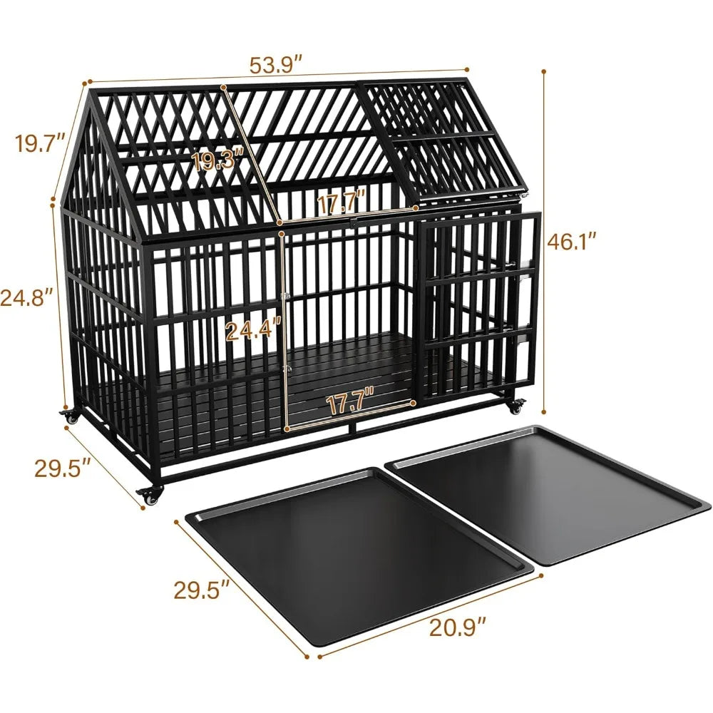 Heavy Duty Dog Crate for Large Giant Dogs, Metal Pet Cage Dog Kennel with Roof Strong Playpen, 54'' Dog Cage with Sturdy Latches