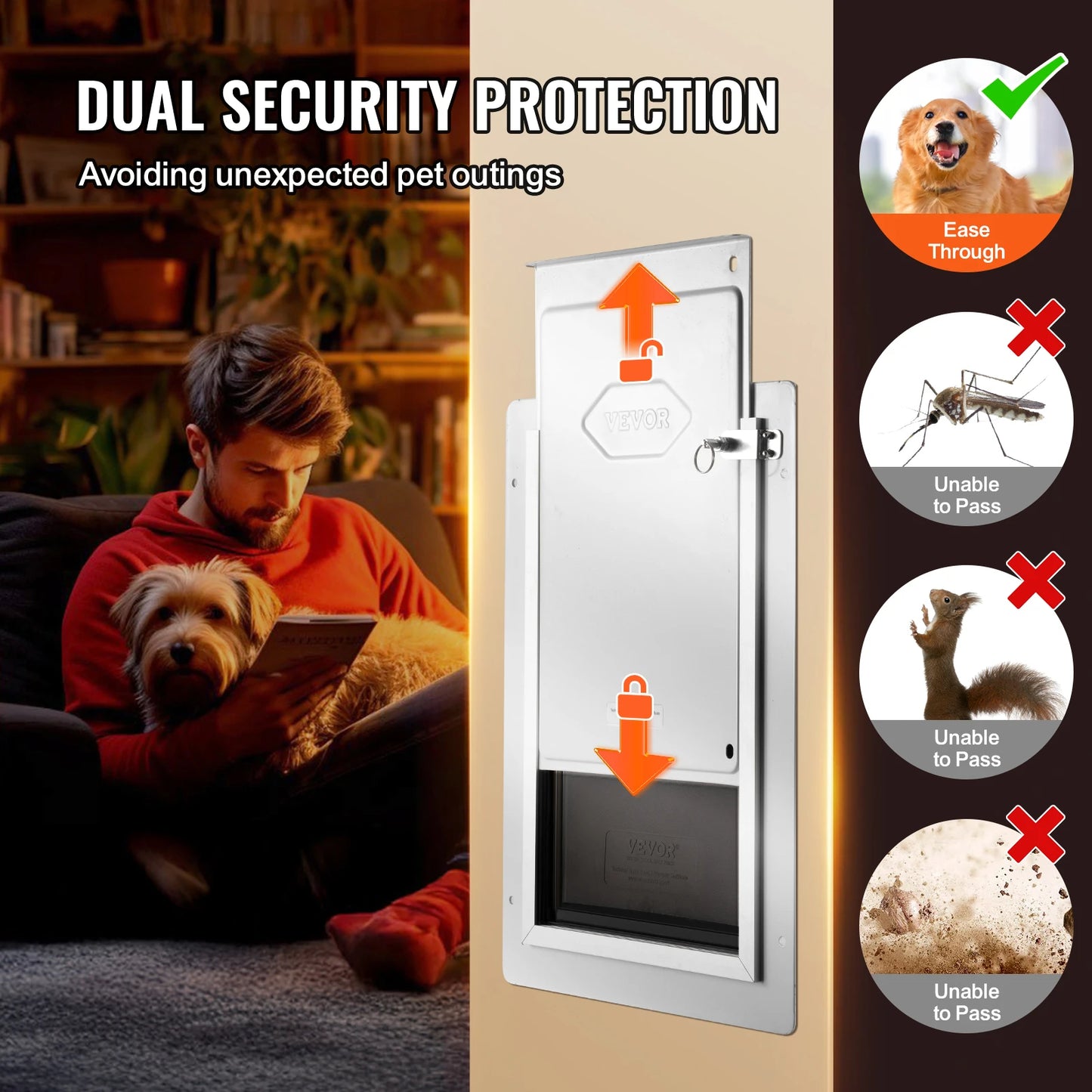 Pet Door Metal Frame with Lock and 3-Flap System Weatherproof Doggy Door Easy to Install in Interior or Exterior Walls