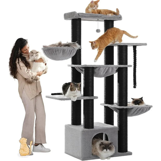 67" Large Cat Tree - Extra Tall Tower for Adult Cats with 13 Thick Scratching Posts & Multi-Level Condo