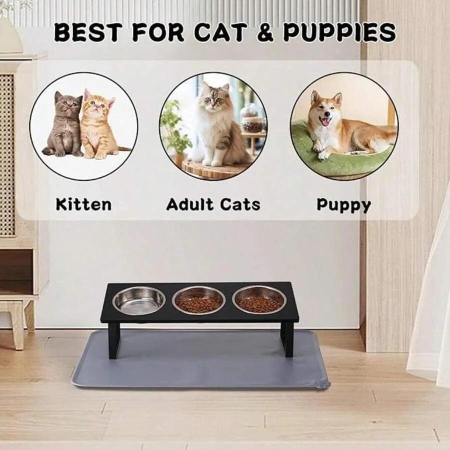 【New Arrival】15° Tilted Raised Cat Feeder with 3 Stainless Steel Bowls, Neck-Friendly Pet Food Water Bowls to Reduce Vomiting