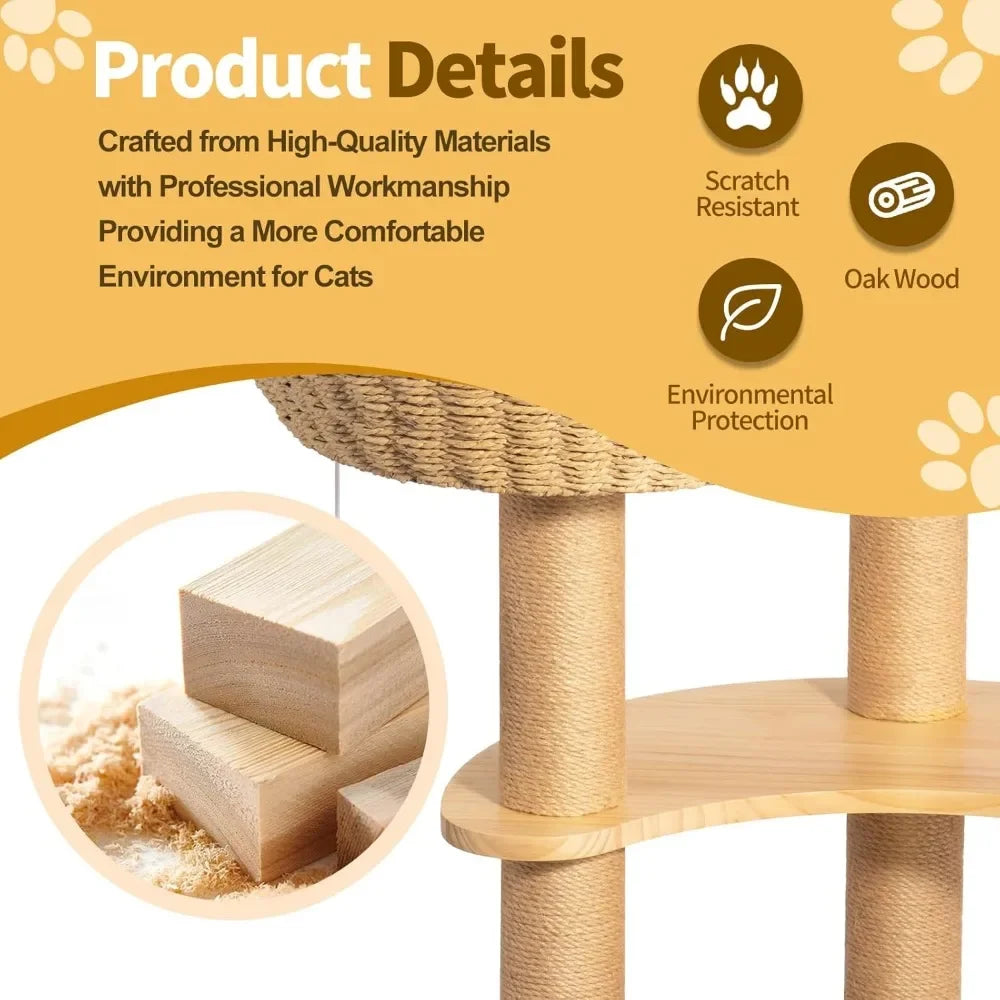 Modern Cats Tree Tower, Oak Wood Cat Tree for Large Cats with 3 Weaving Cat Nests, Multi-Level Cat Condo with 8 Scratching Posts