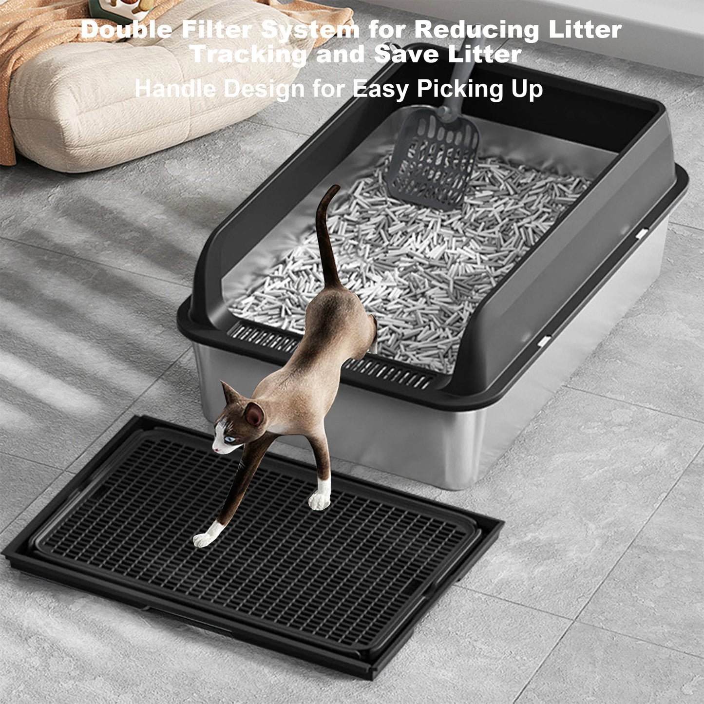 Stainless Steel Cat Litter Box, Litter Box With High Sided For Big Cats, Double Layer Litter Mat And Scoop Included