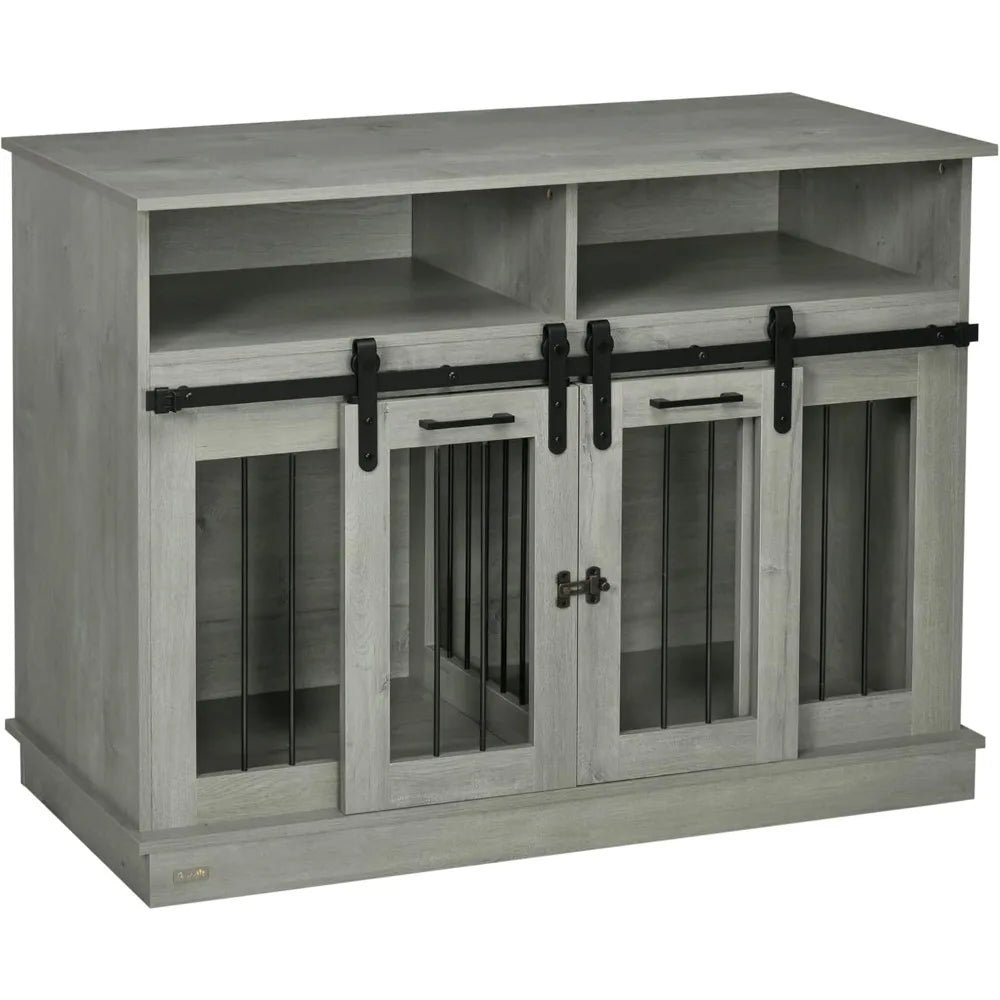 Dog Crate Furniture for Large Dogs or Double Dog Kennel for Small Dogs with Shelves, Sliding Doors, 47" x 23.5" x 35", Gray