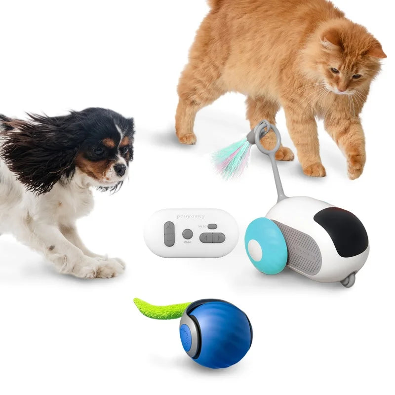 1pc Interactive Automatic Remote Control Cat Mice Car Toy and 1pc Smart Electric Moving Speedy Cat Ball Toy with Feather Tail