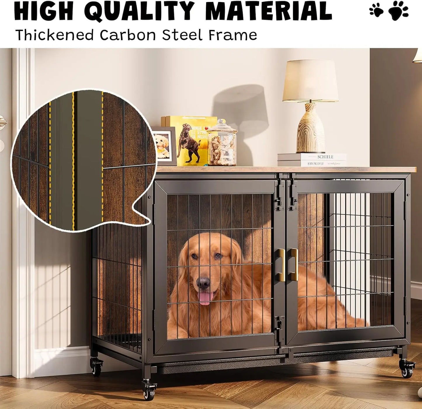37.4 Inch Wooden Dog Crate Furniture for Small-Medium-Large Dogs, Heavy Duty Dog Kennel Furniture Indoor with Wheels