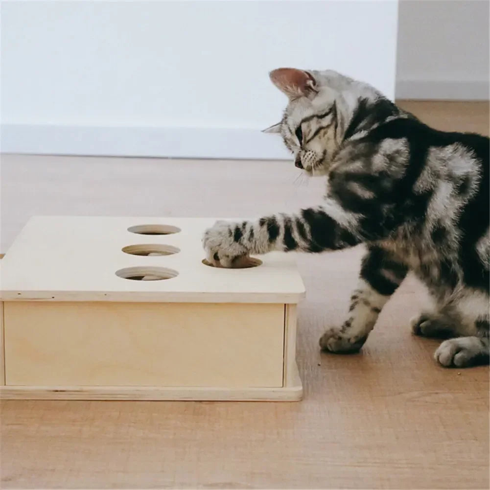 Cat Hunt Toy Chase Mouse Solid Wooden Interactive Maze Pet Hit Hamster with 3/5-holed Mouse Hole Catch Bite Catnip Funny Toy