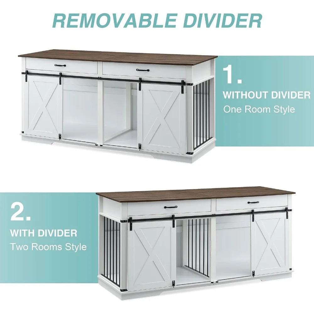 72.5" Large Dog Crate Furniture for 2 Dogs, Wooden Dog Kennel with Drawers, Divider, Sliding Barn Door, Water Resistant Indoor