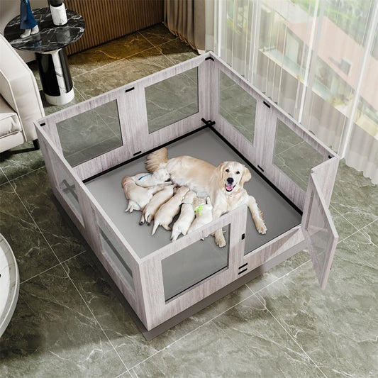 Tempered Glass Pet Whelping Box with Waterproof Fertility Pad Dog Playpen Exercise Cage for Puppies