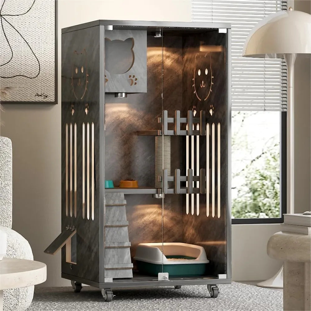 Wooden Cat House Large Space Cat Cage with Scratching Post, Wooden Indoor/Outdoor Cat Enclosure with Wheels, Multi-Feature Enclo