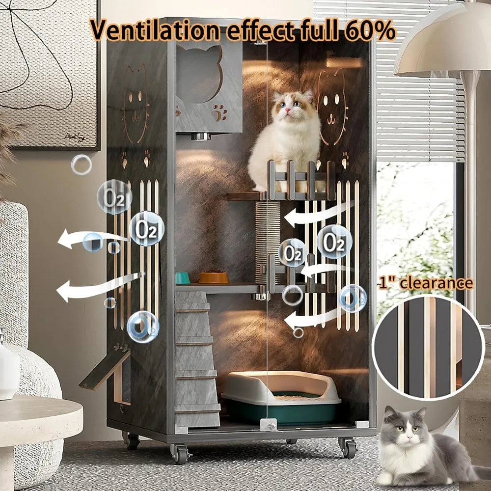 Wooden Cat House Large Space Cat Cage with Scratching Post, Wooden Indoor/Outdoor Cat Enclosure with Wheels, Multi-Feature Enclo