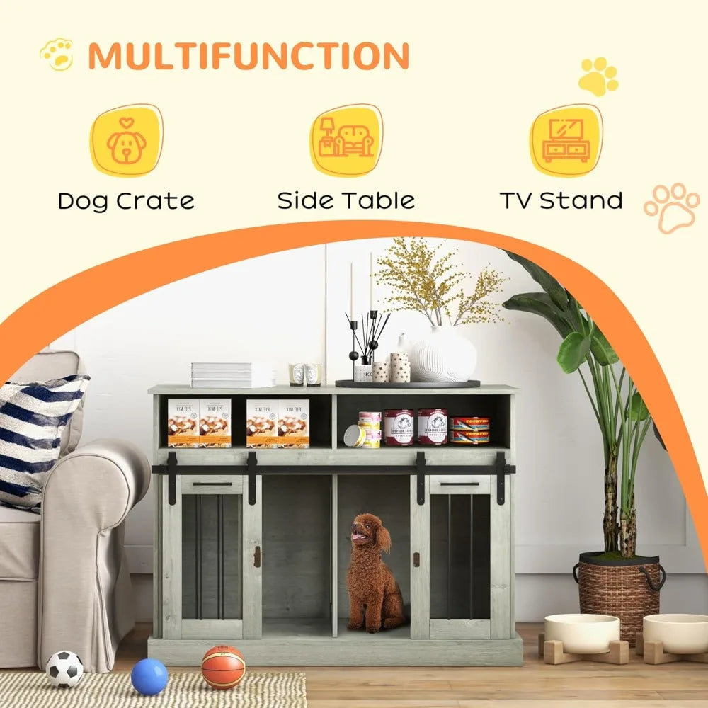 Dog Crate Furniture for Large Dogs or Double Dog Kennel for Small Dogs with Shelves, Sliding Doors, 47" x 23.5" x 35", Gray