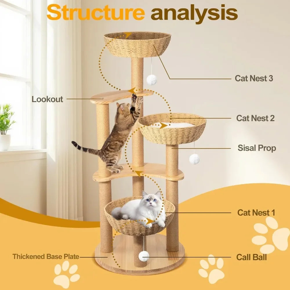 Modern Cats Tree Tower, Oak Wood Cat Tree for Large Cats with 3 Weaving Cat Nests, Multi-Level Cat Condo with 8 Scratching Posts