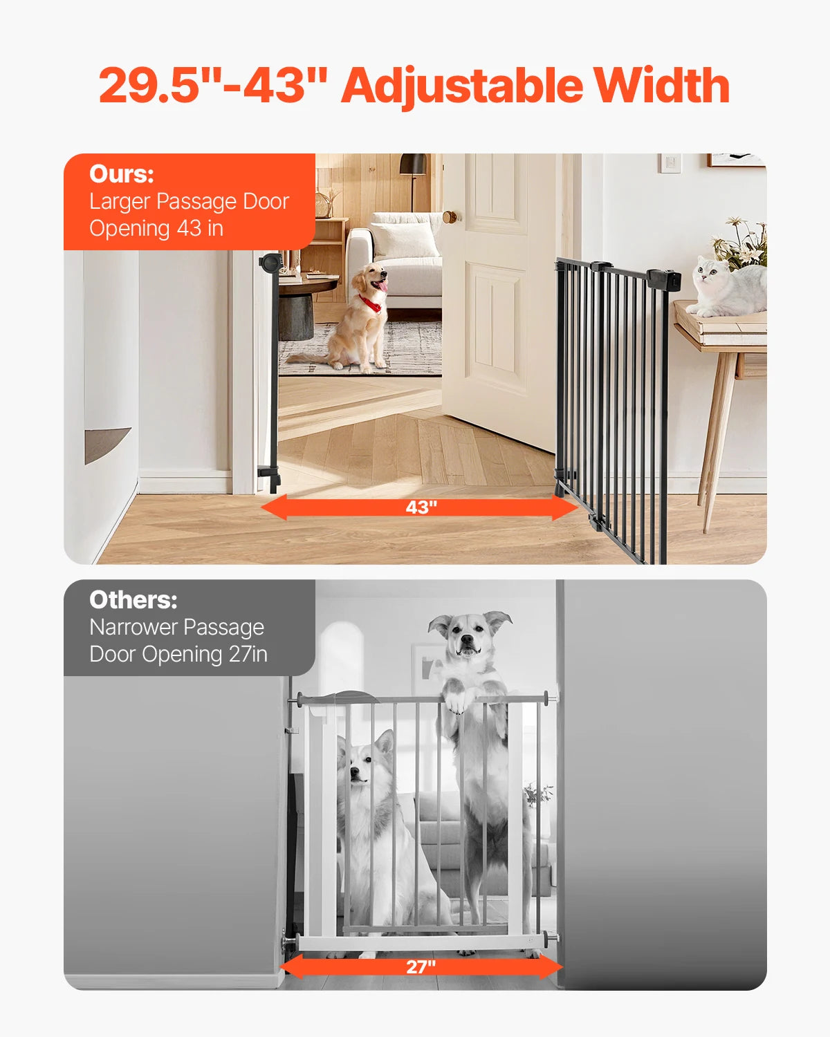 VEVOR Baby Gate 29.5-43 Inches Adjustable Width 28 Inches High Dog Gate No Threshold Bar Easy Step Walk for Child Pet Security