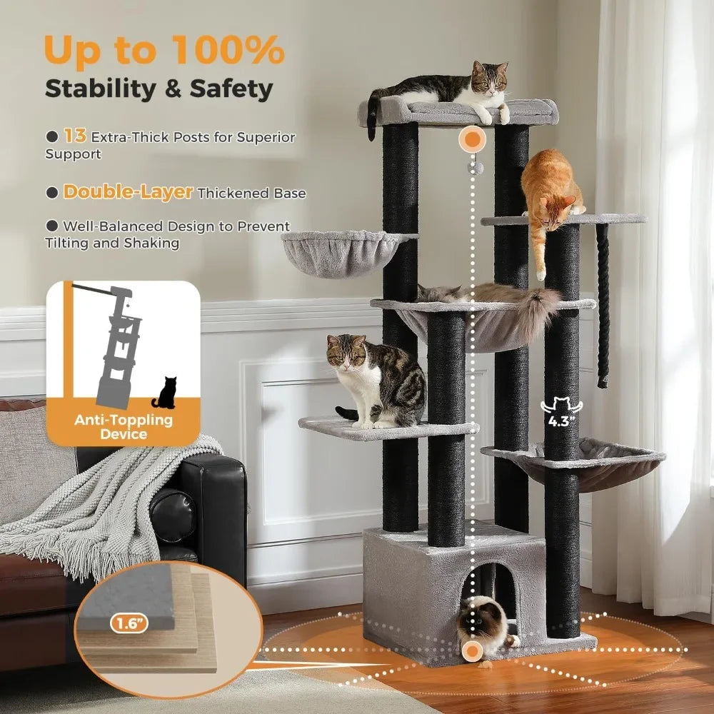 67" Large Cat Tree - Extra Tall Tower for Adult Cats with 13 Thick Scratching Posts & Multi-Level Condo