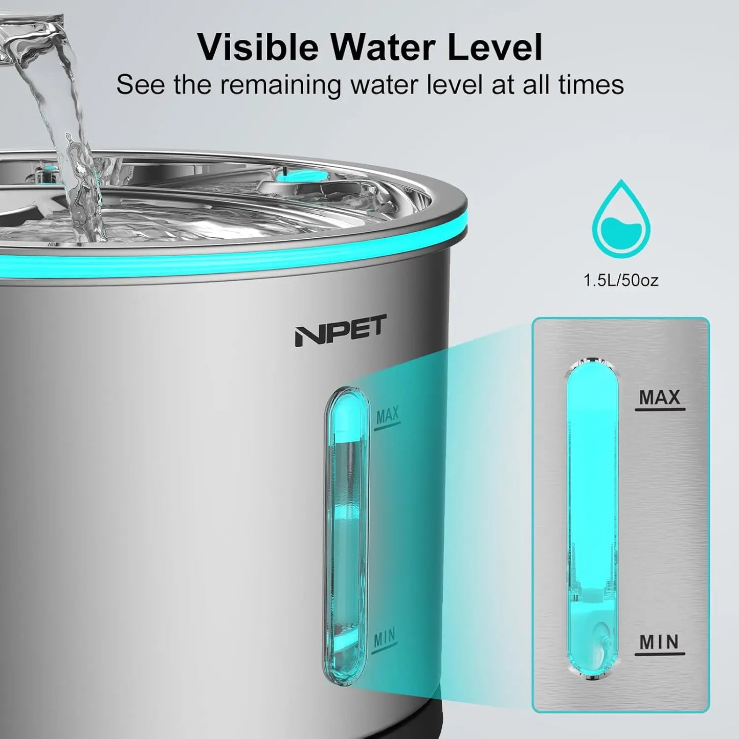 NPET Water Fountain Stainless Steel, 50oz/1.5L Dishwasher Safe Pet Water Fountain with Visible Window Light