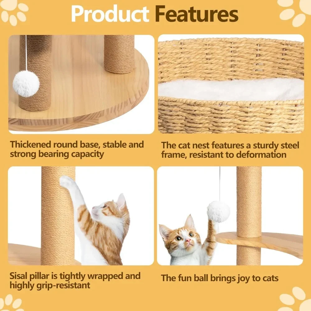 Modern Cats Tree Tower, Oak Wood Cat Tree for Large Cats with 3 Weaving Cat Nests, Multi-Level Cat Condo with 8 Scratching Posts