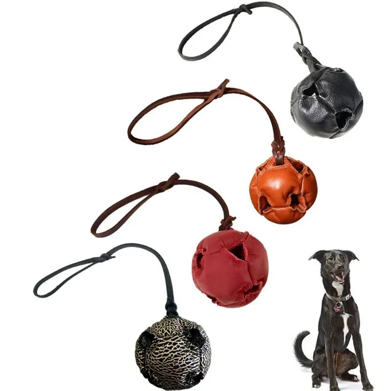 Leather Dog Training Ball Toy Dog Ball Tug Toy, with a Handle Dog Bite Toy, Soft Puppy Reward Toy for Fetch Catch Throw Pet Toys