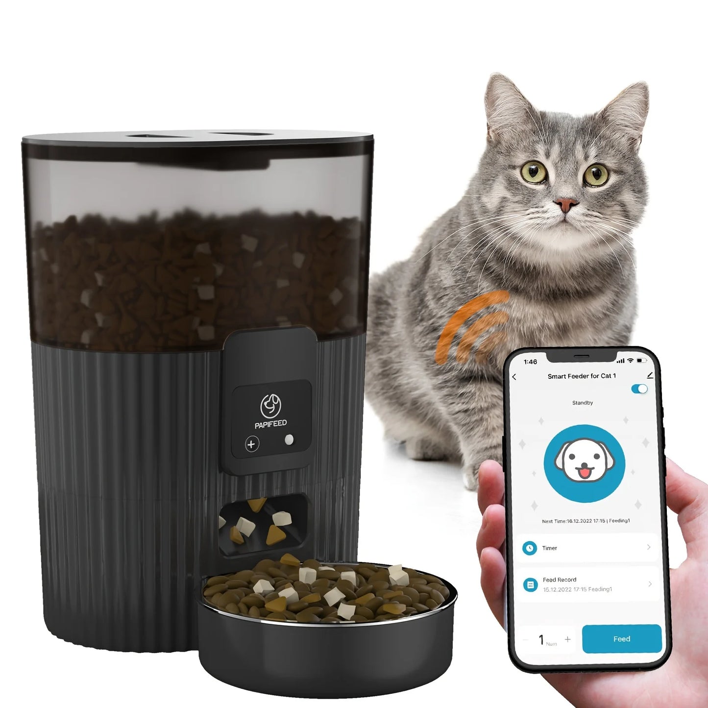 PAPIFEED automatic feeder, fixed feeding machine wifi remote smart pet food dispenser