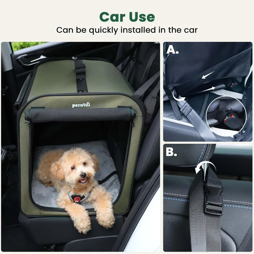 Lightweight Dog Car Carrier 24x17.7x20.5in, Easy Assembly, Portable & Breathable Foldable Pet Crate with Curtain, Green