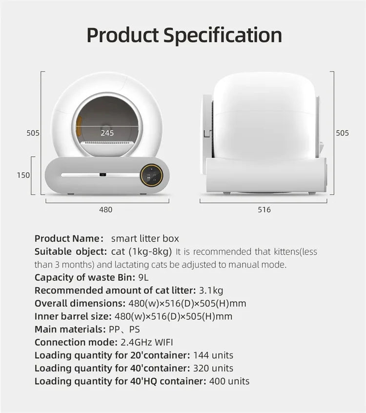 Self Cleaning Cat Litter Box 65L Automatic Cat Litter Box For 1.5-6kg Cat w/ Trash Bag & Litter Mat Smart Cat Toilet App Control