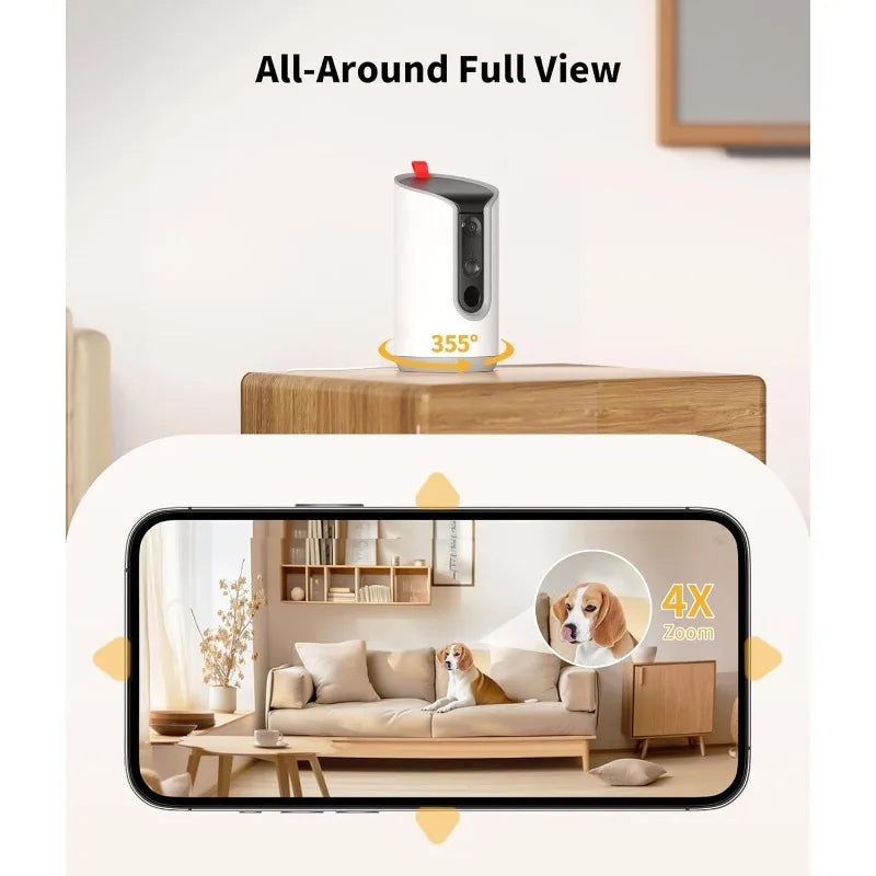 2K Pet Camera Treat Dispenser, 360°View Dog Camera with Phone App, 5G&2.4G WiFi 2-Way Talk Pet Camera Indoor for Cats Remote Tre