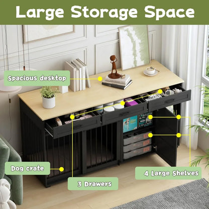 dog crate funiture with storage, 72.4" wooden heavy duty dog kennel table furniture with drawers & shelves, indoor dog house tv