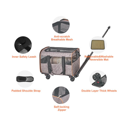 Cat Carrier With Wheels, Airline Approved Rolling Pet Carrier With Telescopic Handle And Shoulder Strap