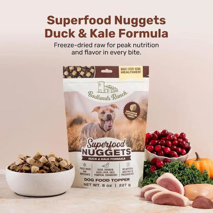 Superfood Nuggets Freeze-Dried Raw Dog Treat and Food Topper Nutrient-Dense Duck and Kale Formula High Protein No Artificial Ad