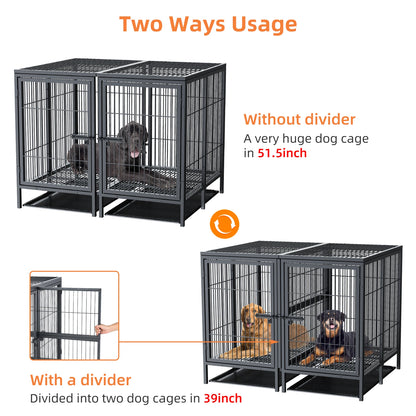Heavy Duty Dog Crate: 52Inch Extra Large Pet Raised Metal Cage with Removable Divider - Doggy Kennel Training Playpen House