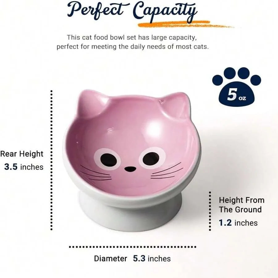 【New Arrival】Cute Cat Face Elevated Ceramic Cat Bowl, Tilted Pink Feeder with Raised Stand, Anti-Vomiting for Cats & Small Dogs