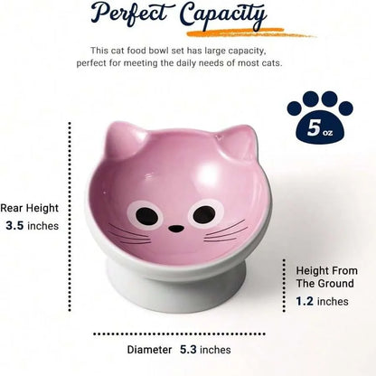 【New Arrival】Cute Cat Face Elevated Ceramic Cat Bowl, Tilted Pink Feeder with Raised Stand, Anti-Vomiting for Cats & Small Dogs