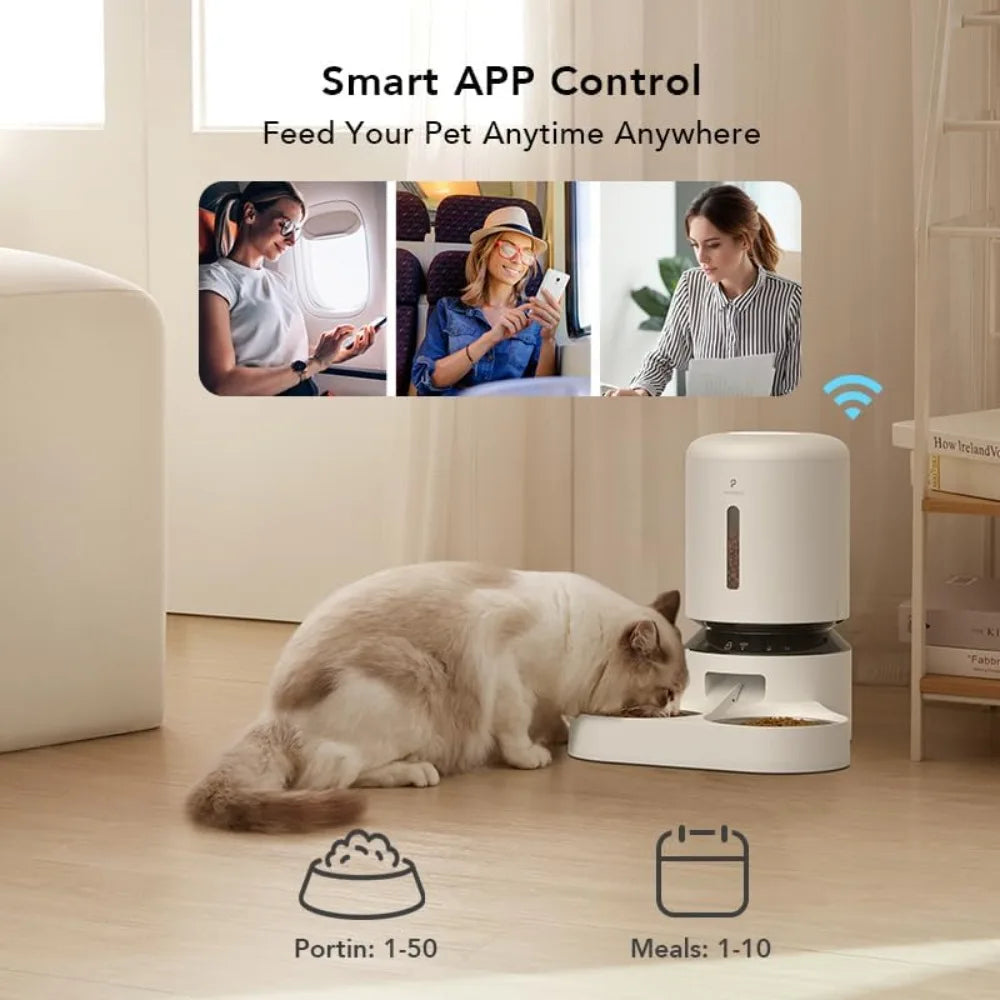 Automatic Feeder, 5G WiFi Pet Feeder for Two Cats or Dogs with Remote Control, 5L Cat Food Dispenser with Low Food Sensor