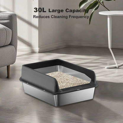 Stainless Steel Cat Litter Box, Litter Box With High Sided For Big Cats, Double Layer Litter Mat And Scoop Included
