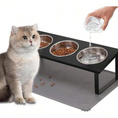 【New Arrival】15° Tilted Raised Cat Feeder with 3 Stainless Steel Bowls, Neck-Friendly Pet Food Water Bowls to Reduce Vomiting