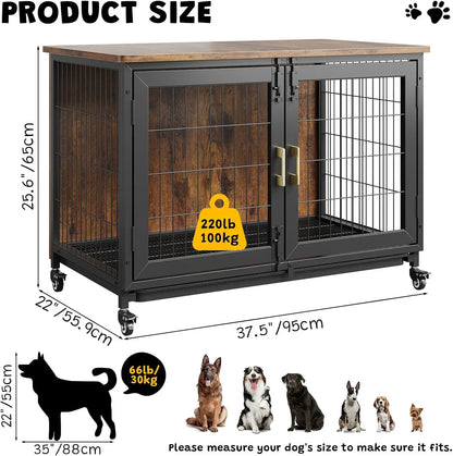 37.4 Inch Wooden Dog Crate Furniture for Small-Medium-Large Dogs, Heavy Duty Dog Kennel Furniture Indoor with Wheels