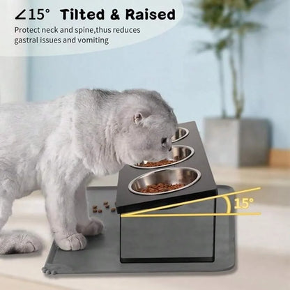 【New Arrival】15° Tilted Raised Cat Feeder with 3 Stainless Steel Bowls, Neck-Friendly Pet Food Water Bowls to Reduce Vomiting